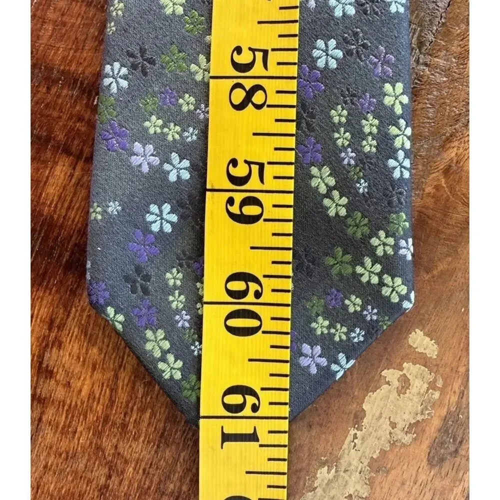 Geoffrey Beene Mens 100% Silk Tie Gray Purple Green Floral Necktie Garden